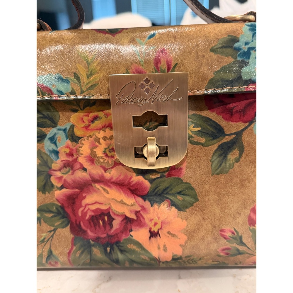 Patricia Nash Floral Leather Top Handle Satchel Bag Tan Rose Gold Tone Hardware - Picture 2 of 13